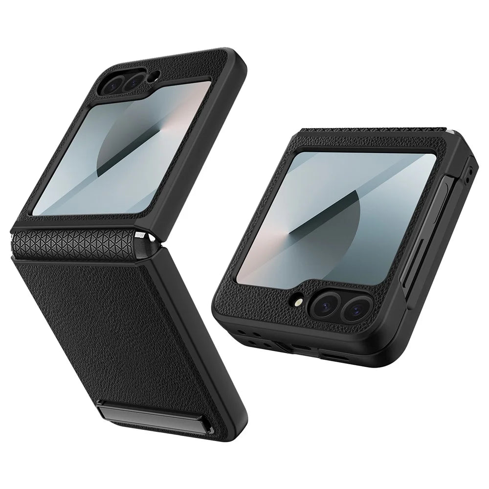 For Samsung Galaxy Z Flip7 FE 5G / Z Flip6 5G Case Kickstand PC+PU Phone Cover with Screen / Lens Film - Black - 1
