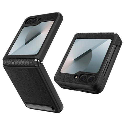 For Samsung Galaxy Z Flip7 FE 5G / Z Flip6 5G Case Kickstand PC+PU Phone Cover with Screen / Lens Film - Black - 1