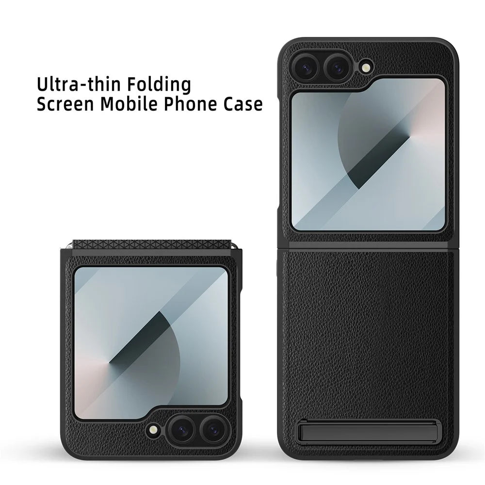 For Samsung Galaxy Z Flip7 FE 5G / Z Flip6 5G Case Kickstand PC+PU Phone Cover with Screen / Lens Film - Black - 2