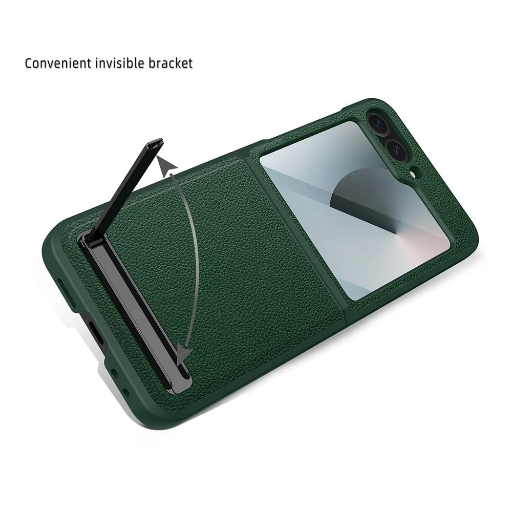 For Samsung Galaxy Z Flip7 FE 5G / Z Flip6 5G Case Kickstand PC+PU Phone Cover with Screen / Lens Film - Black - 6
