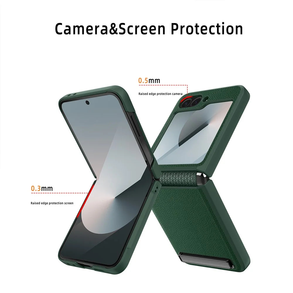 For Samsung Galaxy Z Flip7 FE 5G / Z Flip6 5G Case Kickstand PC+PU Phone Cover with Screen / Lens Film - Black - 7
