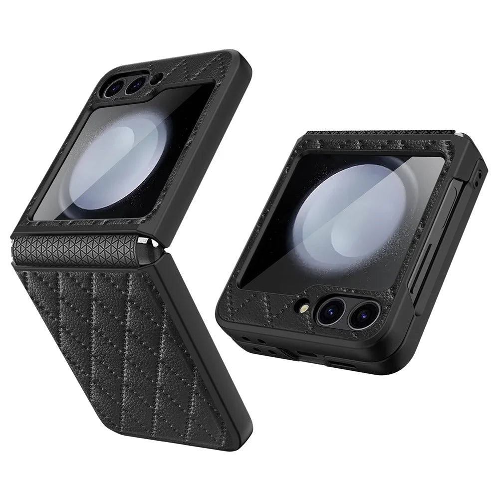 For Samsung Galaxy Z Flip7 FE 5G / Z Flip6 5G Case Rhombus Imprint PU+Hard PC Phone Cover with Screen / Lens Film - Black - 1