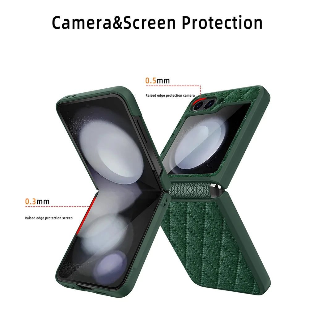 For Samsung Galaxy Z Flip7 FE 5G / Z Flip6 5G Case Rhombus Imprint PU+Hard PC Phone Cover with Screen / Lens Film - Black - 5