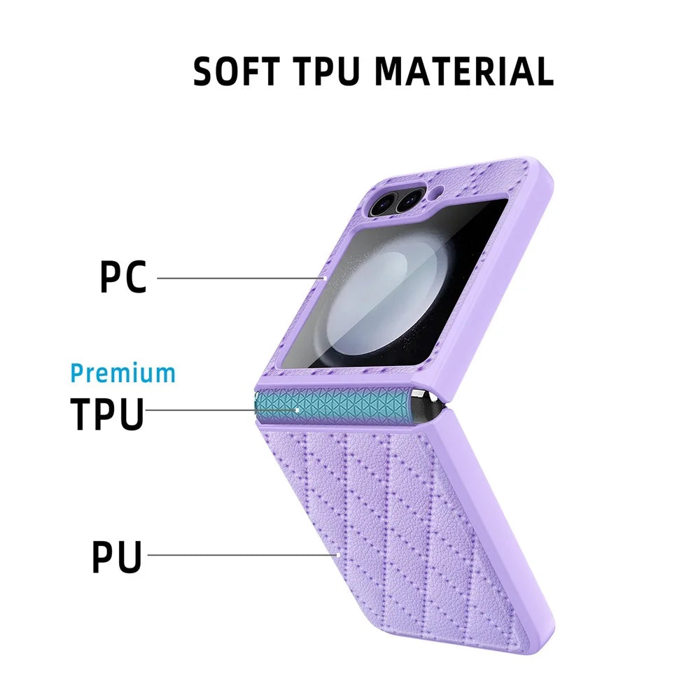 For Samsung Galaxy Z Flip7 FE 5G / Z Flip6 5G Case Rhombus Imprint PU+Hard PC Phone Cover with Screen / Lens Film - Black - 6