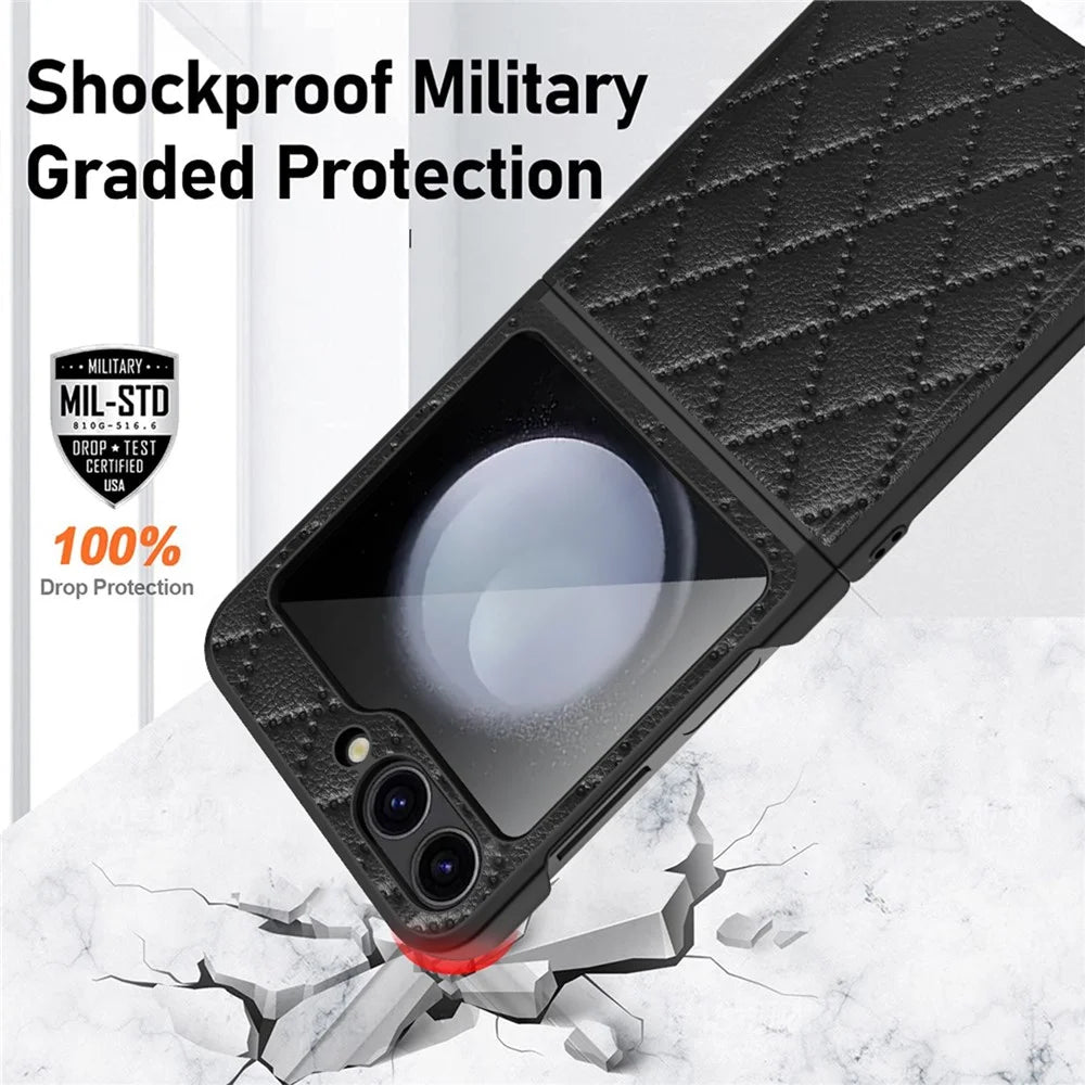 For Samsung Galaxy Z Flip7 FE 5G / Z Flip6 5G Case Rhombus Imprint PU+Hard PC Phone Cover with Screen / Lens Film - Black - 7
