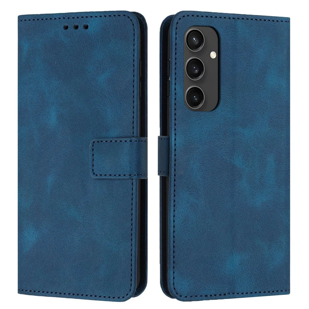For Samsung Galaxy S24 FE Leather Case Solid Color Wallet Protective Phone Cover - Blue - 1