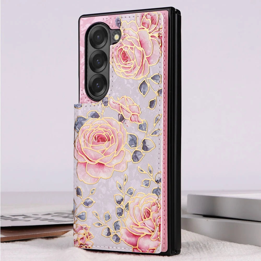 For Samsung Galaxy Z Fold6 5G Case Flower Leather+PC RFID Blocking Phone Cover Card Slots - Rose - 1