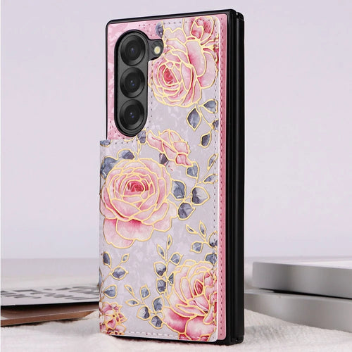 For Samsung Galaxy Z Fold6 5G Case Flower Leather+PC RFID Blocking Phone Cover Card Slots - Rose - 1