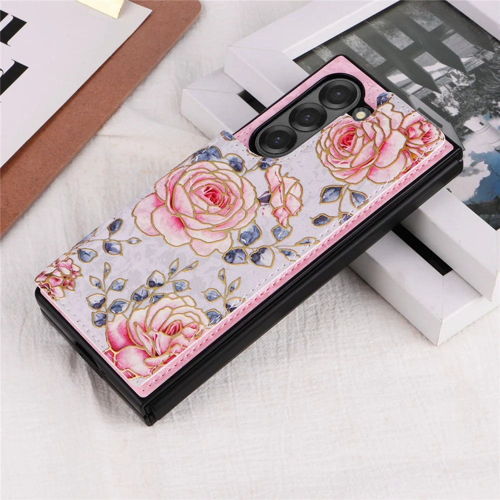 For Samsung Galaxy Z Fold6 5G Case Flower Leather+PC RFID Blocking Phone Cover Card Slots - Rose - 2