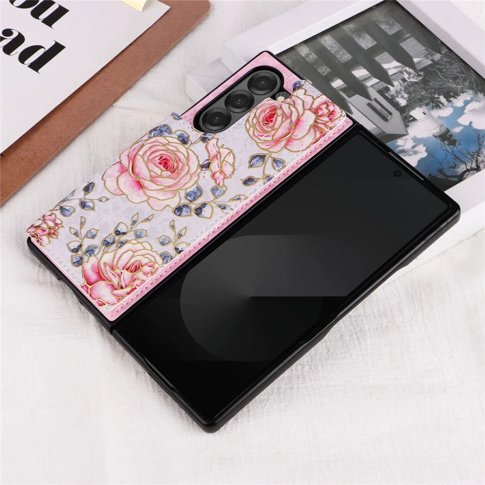 For Samsung Galaxy Z Fold6 5G Case Flower Leather+PC RFID Blocking Phone Cover Card Slots - Rose - 4