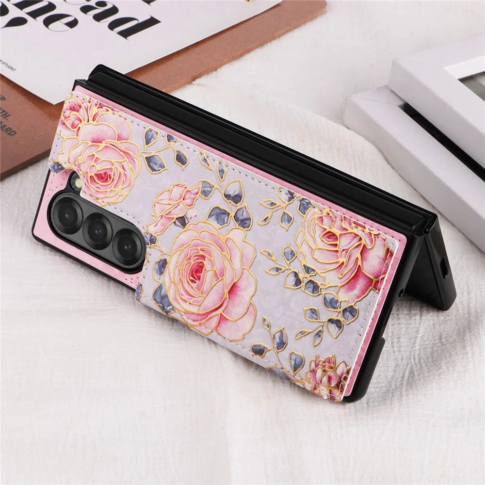 For Samsung Galaxy Z Fold6 5G Case Flower Leather+PC RFID Blocking Phone Cover Card Slots - Rose - 5