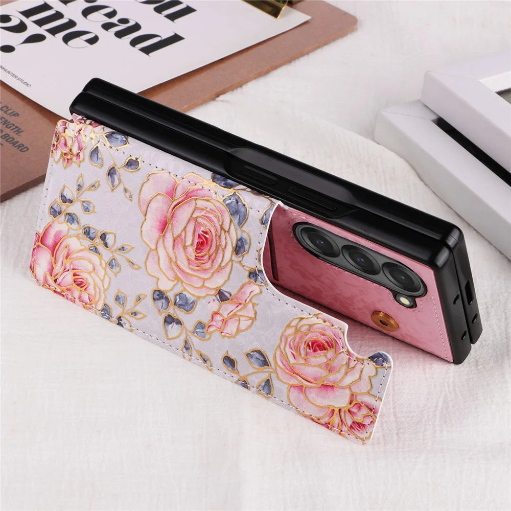 For Samsung Galaxy Z Fold6 5G Case Flower Leather+PC RFID Blocking Phone Cover Card Slots - Rose - 6