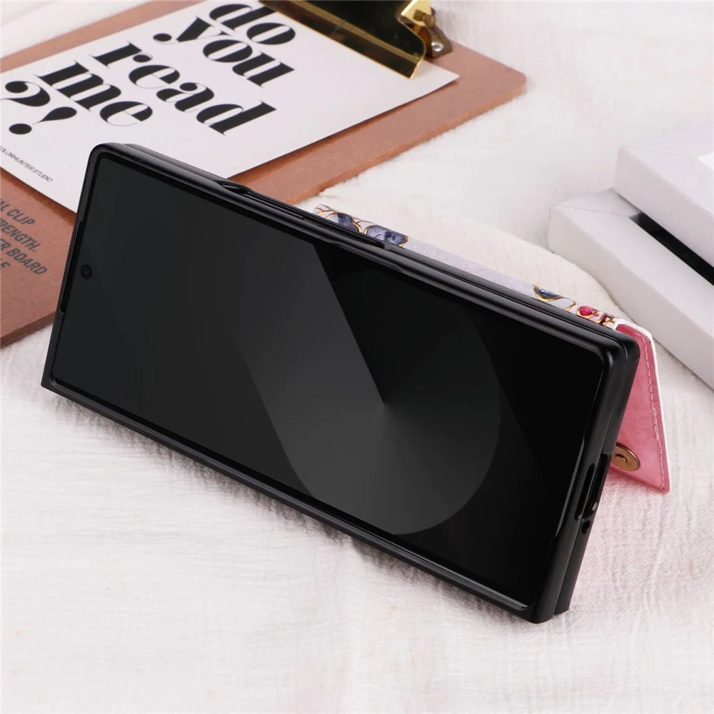 For Samsung Galaxy Z Fold6 5G Case Flower Leather+PC RFID Blocking Phone Cover Card Slots - Rose - 7