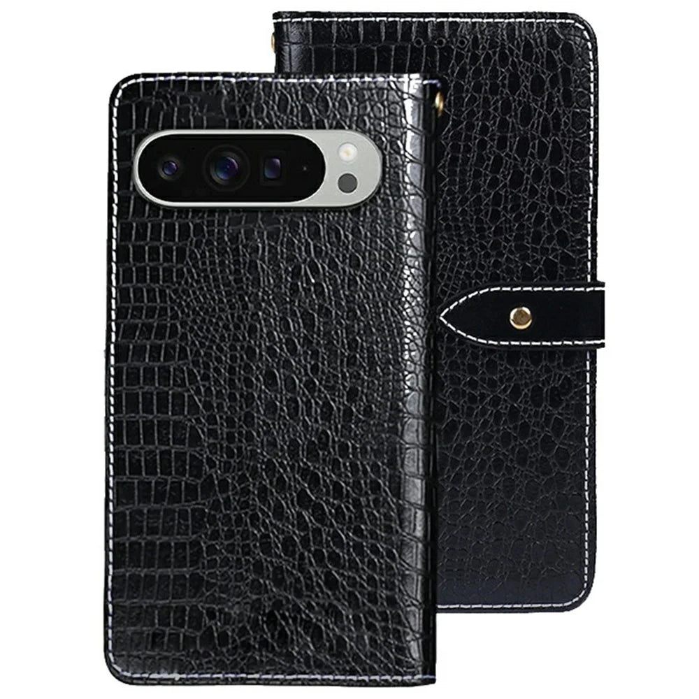 IDEWEI For Google Pixel 9 Pro XL Case Crocodile Texture PU Leather Flip Phone Cover - Black - 1