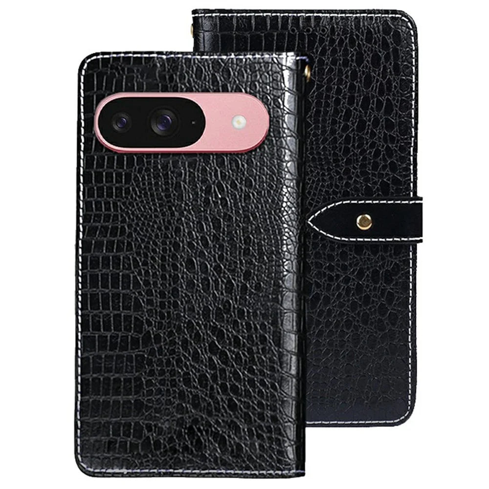 IDEWEI For Google Pixel 9 Pro  /  Pixel 9 Case Crocodile Texture PU Leather Flip Phone Cover - Black - 1
