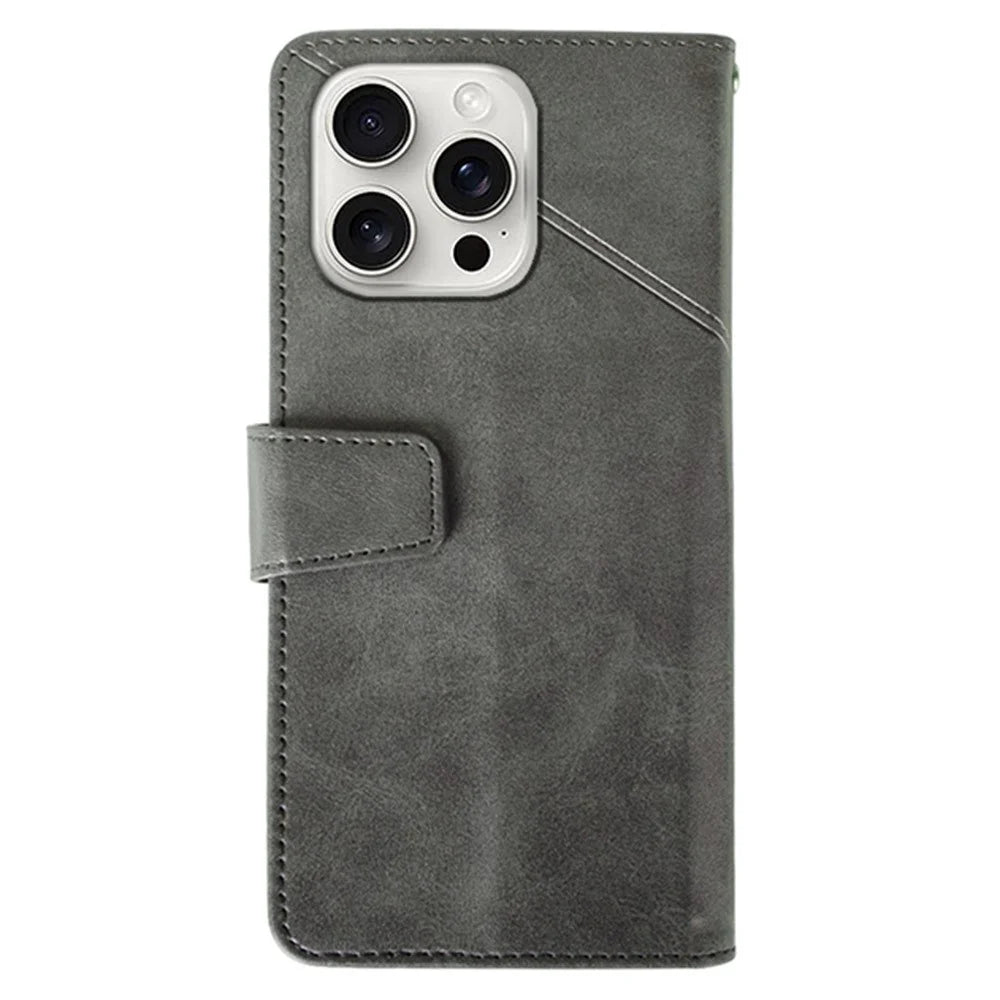 IDEWEI For iPhone 16 Pro Max Case Leather Wallet Phone Cover Stand Calf Texture - Grey - 5