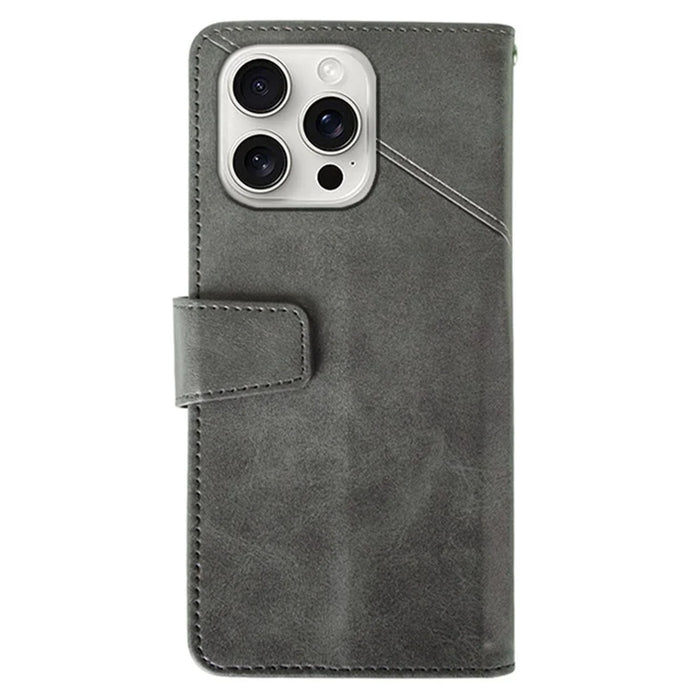 IDEWEI For iPhone 16 Pro Max Case Leather Wallet Phone Cover Stand Calf Texture - Grey - 5