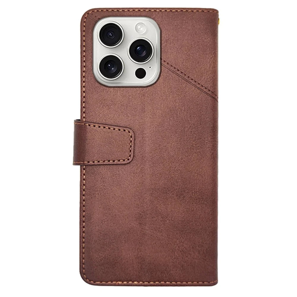 IDEWEI For iPhone 16 Pro Case Leather Wallet Phone Cover Stand Calf Texture - Coffee - 5