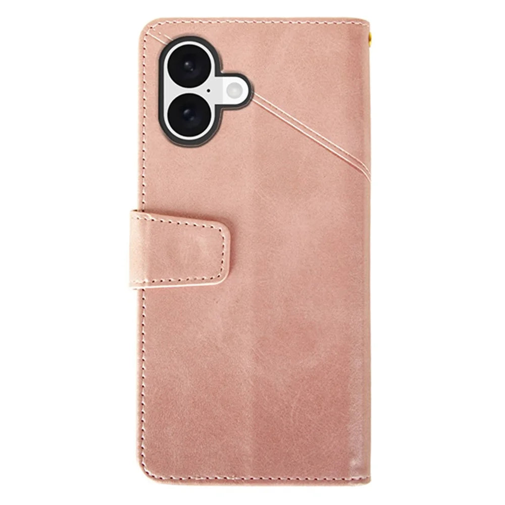 IDEWEI For iPhone 16 Case Leather Wallet Phone Cover Stand Calf Texture - Pink - 5