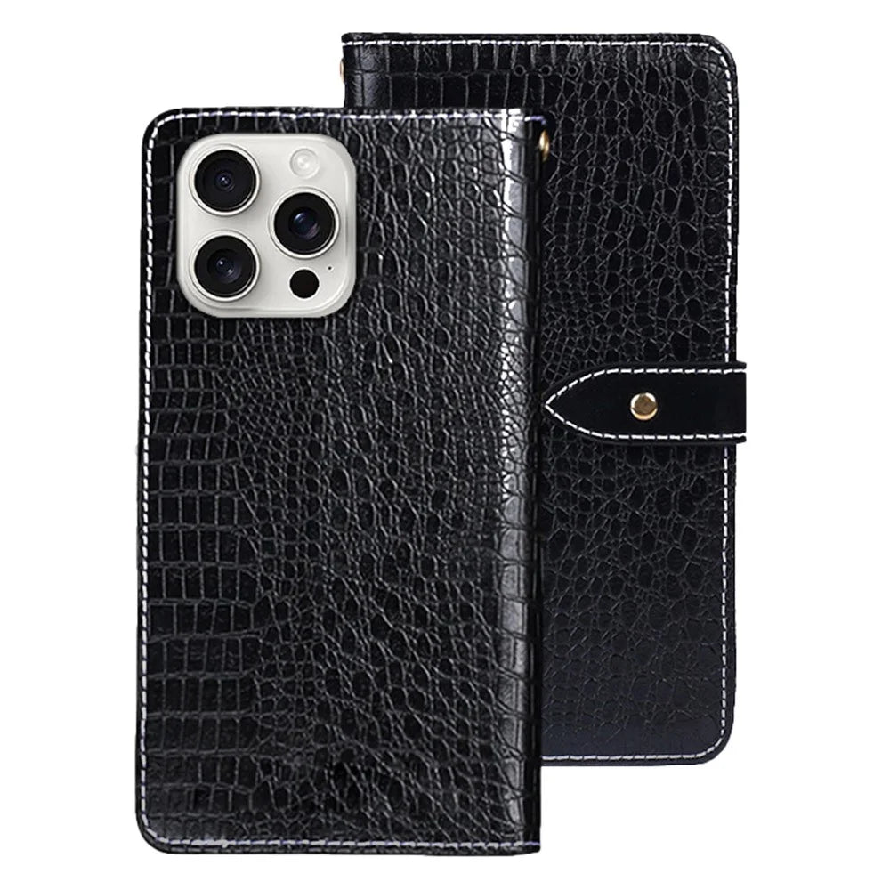 IDEWEI For iPhone 16 Pro Max Case Crocodile Texture PU Leather Flip Phone Cover - Black - 1