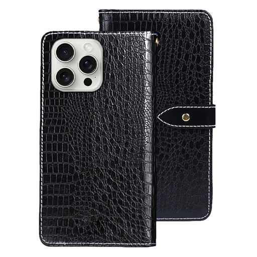 IDEWEI For iPhone 16 Pro Max Case Crocodile Texture PU Leather Flip Phone Cover - Black - 1