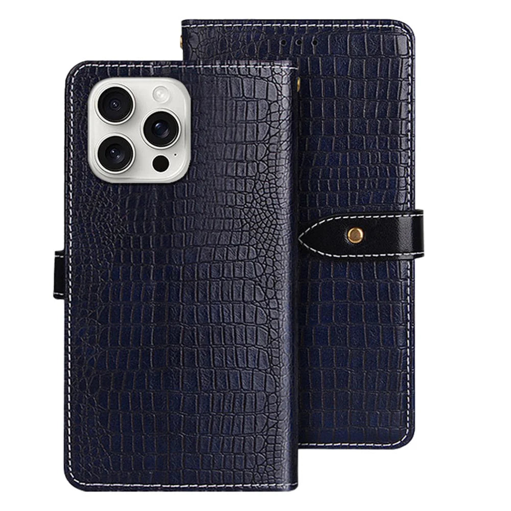 IDEWEI For iPhone 16 Pro Case Crocodile Texture PU Leather Flip Phone Cover - Blue - 1