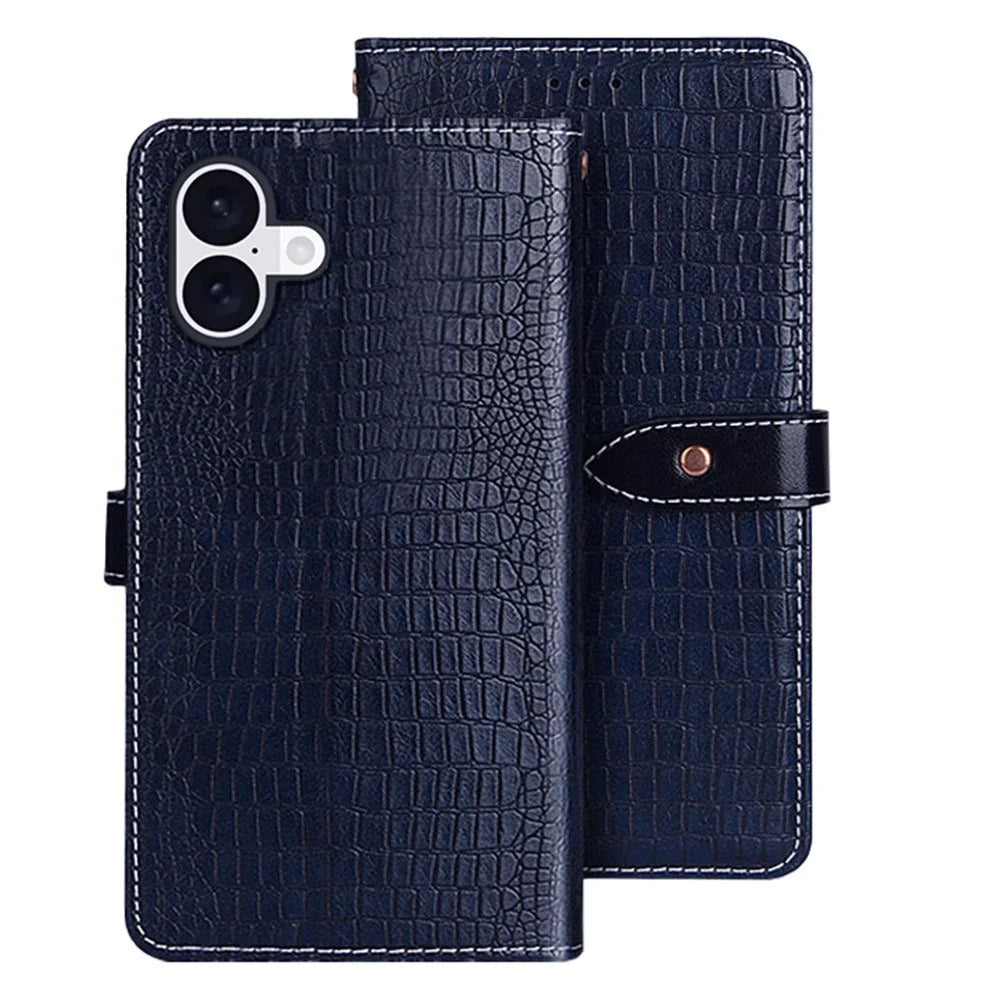 IDEWEI For iPhone 16 Plus Case Crocodile Texture PU Leather Flip Phone Cover - Blue - 1