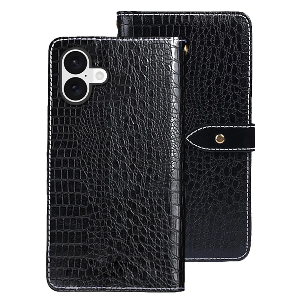 IDEWEI For iPhone 16 Case Crocodile Texture PU Leather Flip Phone Cover - Black - 1