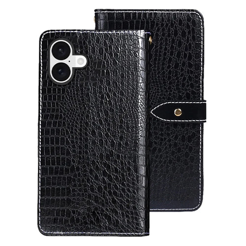 IDEWEI For iPhone 16 Case Crocodile Texture PU Leather Flip Phone Cover - Black - 1
