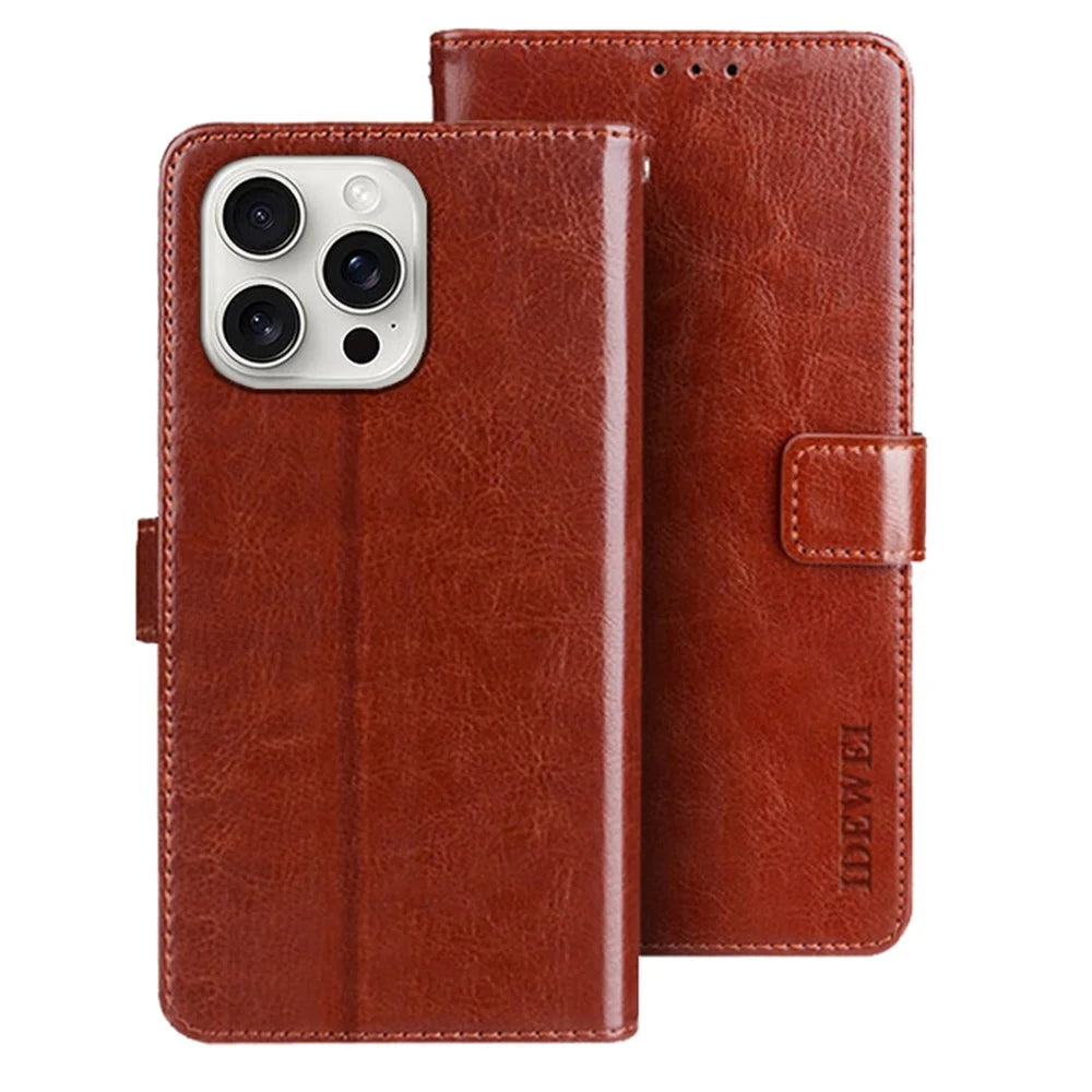 IDEWEI For iPhone 16 Pro Max Stand Case Crazy Horse Texture Leather Phone Cover - Brown - 1
