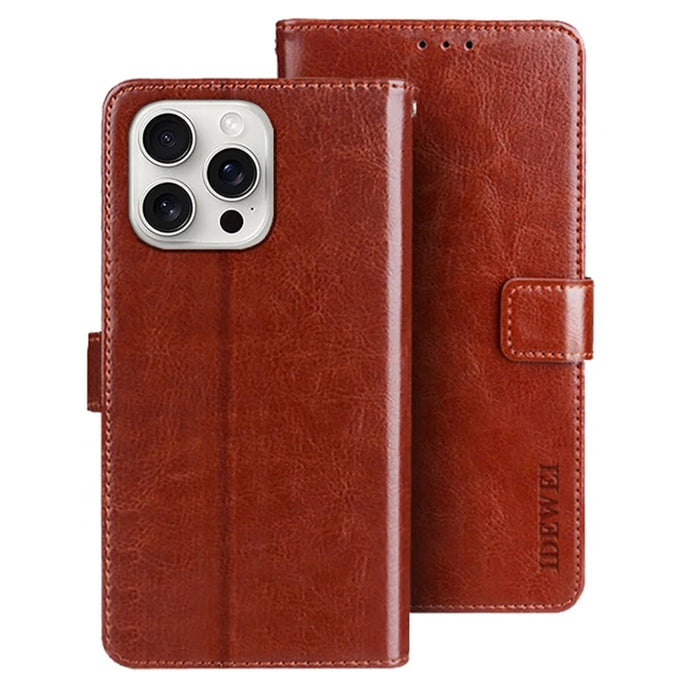 IDEWEI For iPhone 16 Pro Max Stand Case Crazy Horse Texture Leather Phone Cover - Brown - 1