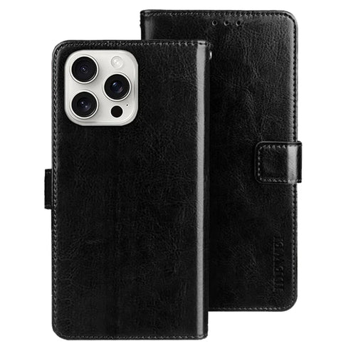 IDEWEI For iPhone 16 Pro Stand Case Crazy Horse Texture Leather Phone Cover - Black - 1