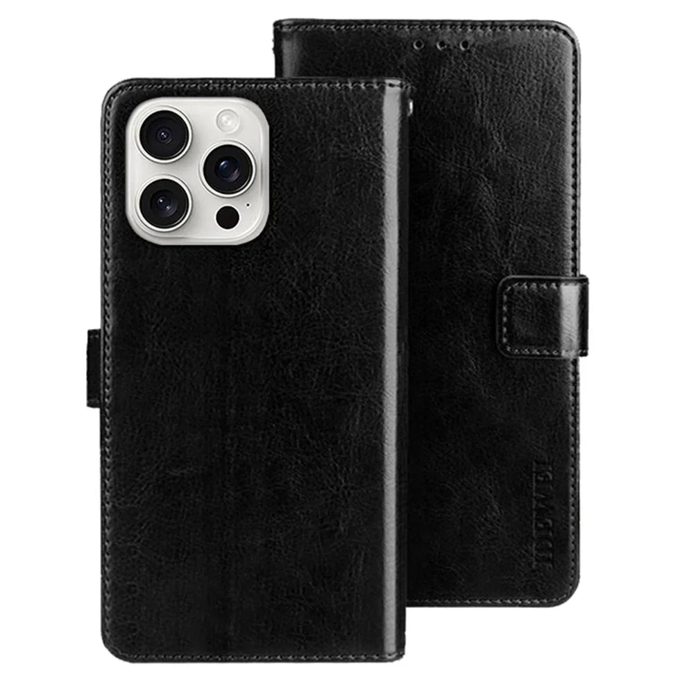 IDEWEI For iPhone 16 Pro Stand Case Crazy Horse Texture Leather Phone Cover - Black - 1