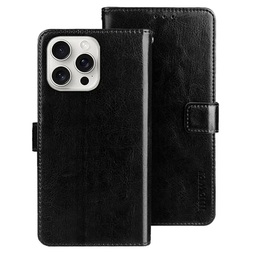 IDEWEI For iPhone 16 Pro Stand Case Crazy Horse Texture Leather Phone Cover - Black - 1