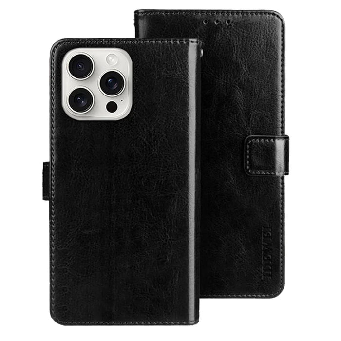 IDEWEI For iPhone 16 Pro Stand Case Crazy Horse Texture Leather Phone Cover - Black - 1