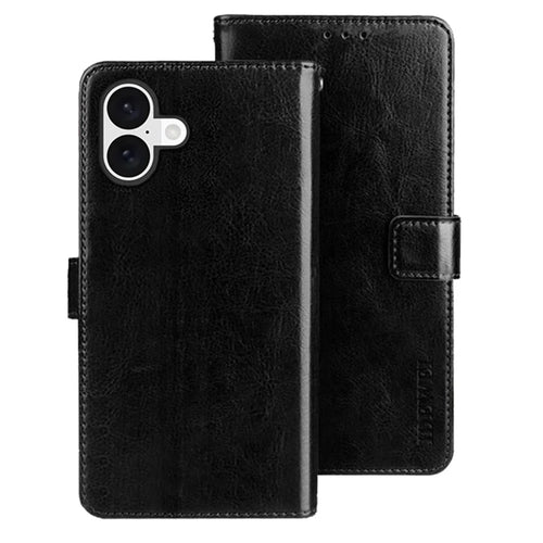 IDEWEI For iPhone 16 Stand Case Crazy Horse Texture Leather Phone Cover - Black - 1