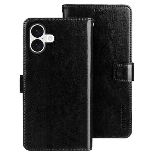 IDEWEI For iPhone 16 Stand Case Crazy Horse Texture Leather Phone Cover - Black - 1
