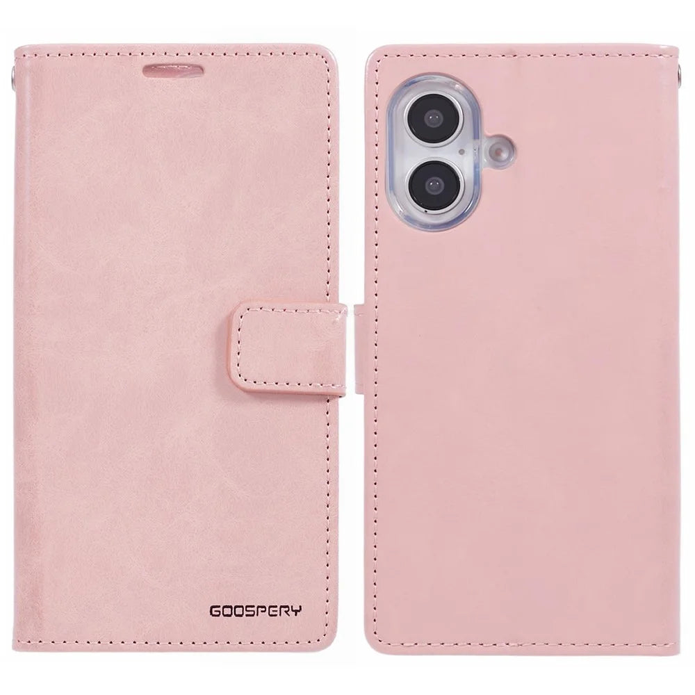 MERCURY GOOSPERY Blue Moon For iPhone 16 Case Stand Full Protection Leather Phone Cover - Pink - 1