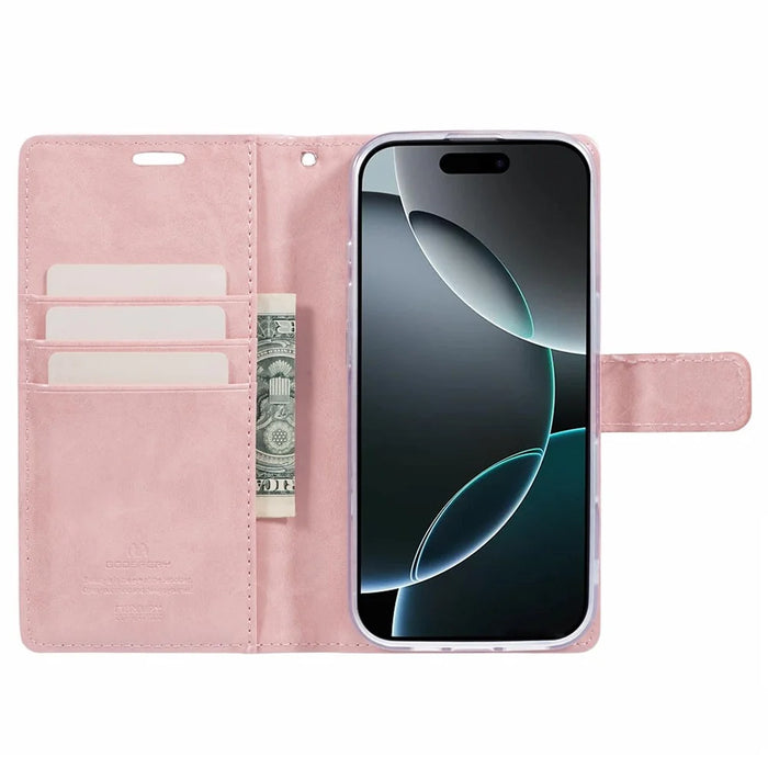 MERCURY GOOSPERY Blue Moon For iPhone 16 Case Stand Full Protection Leather Phone Cover - Pink - 2