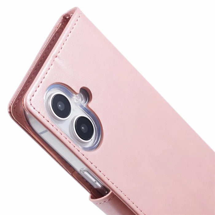 MERCURY GOOSPERY Blue Moon For iPhone 16 Case Stand Full Protection Leather Phone Cover - Pink - 7