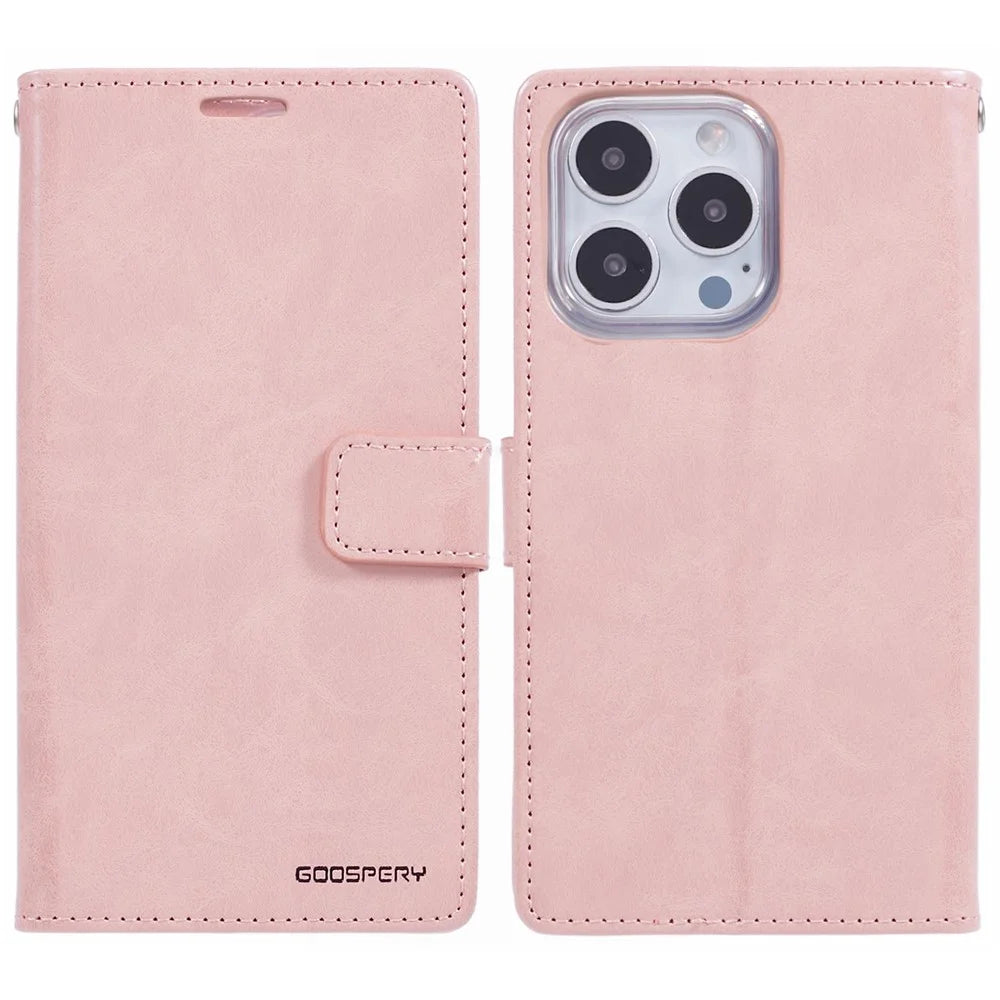MERCURY GOOSPERY Blue Moon For iPhone 16 Pro Case Stand Full Protection Leather Phone Cover - Pink - 1