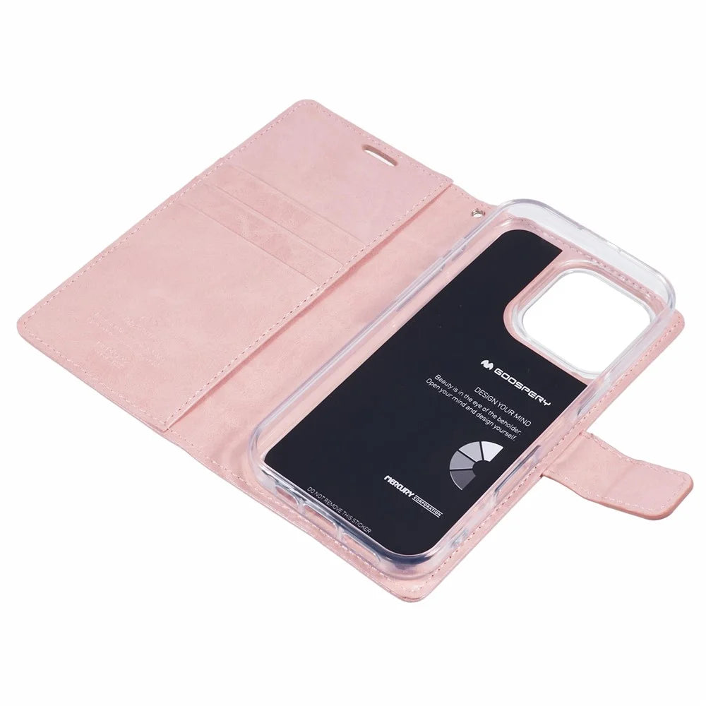 MERCURY GOOSPERY Blue Moon For iPhone 16 Pro Case Stand Full Protection Leather Phone Cover - Pink - 5