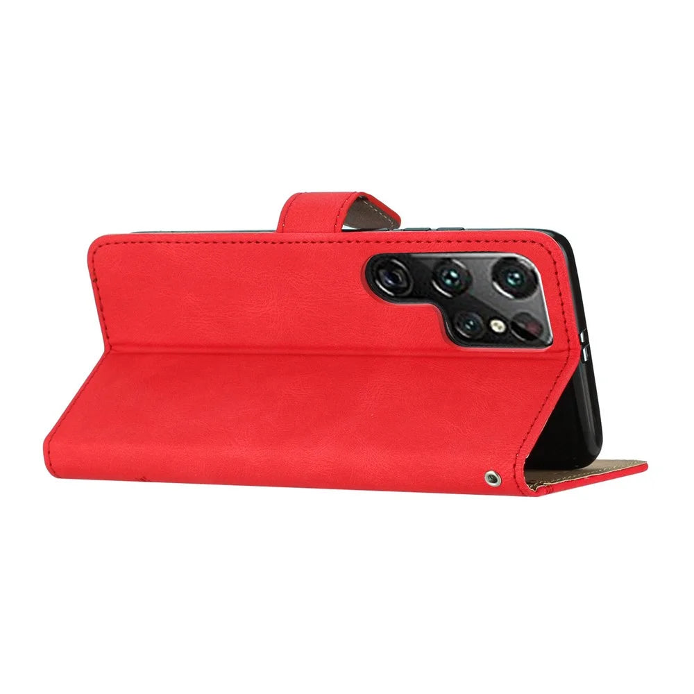 For Samsung Galaxy S25 Ultra Case Crazy Horse Texture PU Leather Wallet Stand Phone Cover - Red - 3