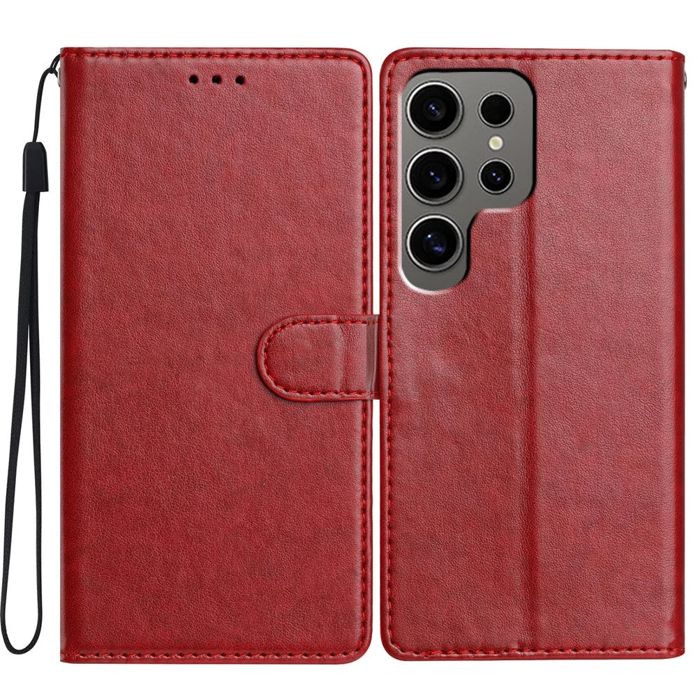 For Samsung Galaxy S25 Ultra Stand Case with Card Clots Skin-Touch PU Leather Phone Cover - Red - 1