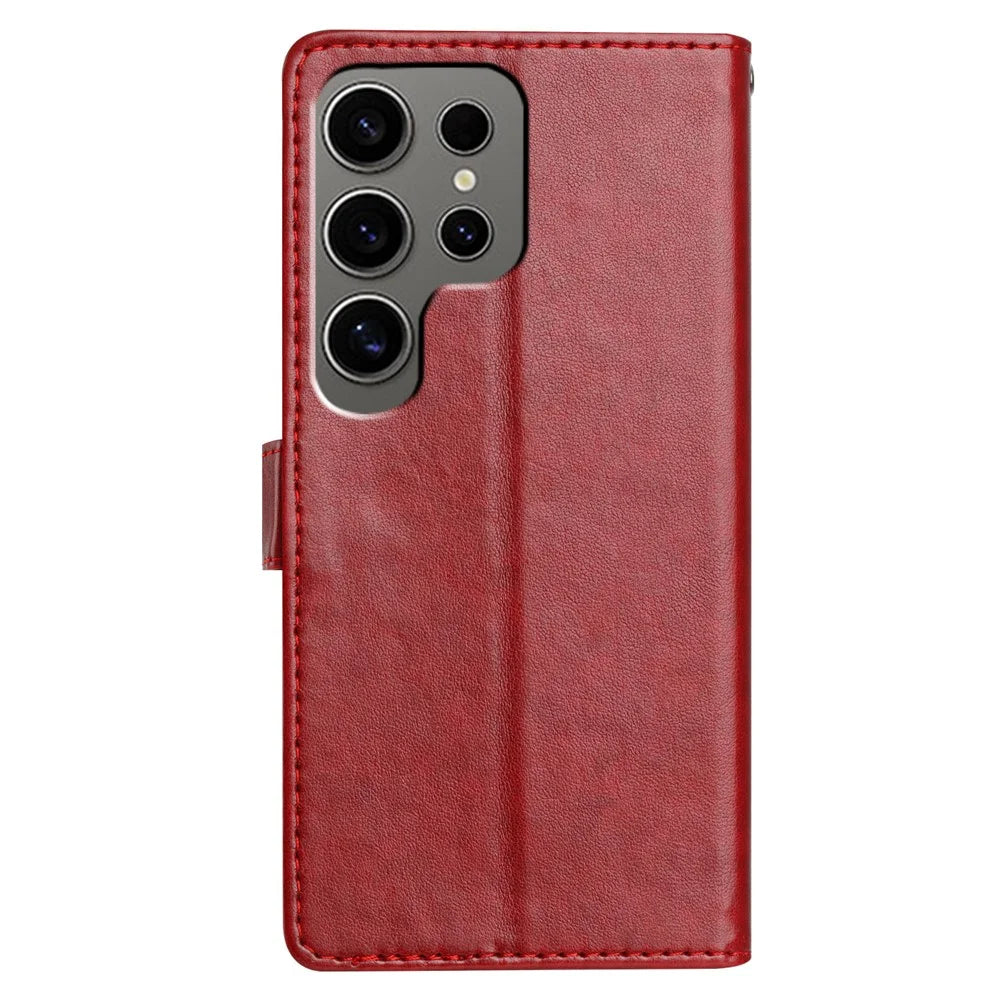 For Samsung Galaxy S25 Ultra Stand Case with Card Clots Skin-Touch PU Leather Phone Cover - Red - 6