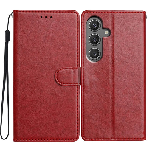 For Samsung Galaxy S25 Stand Case with Card Clots Skin-Touch PU Leather Phone Cover - Red - 1