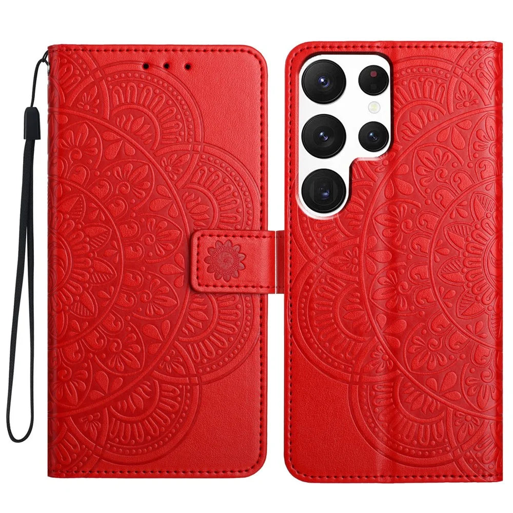 For Samsung Galaxy S25 Ultra Leather Case with Card Slots Mandala Pattern Phone Cover Stand - Red - 1
