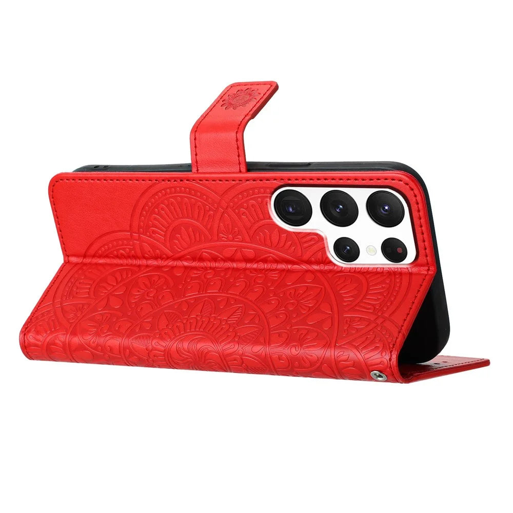 For Samsung Galaxy S25 Ultra Leather Case with Card Slots Mandala Pattern Phone Cover Stand - Red - 3