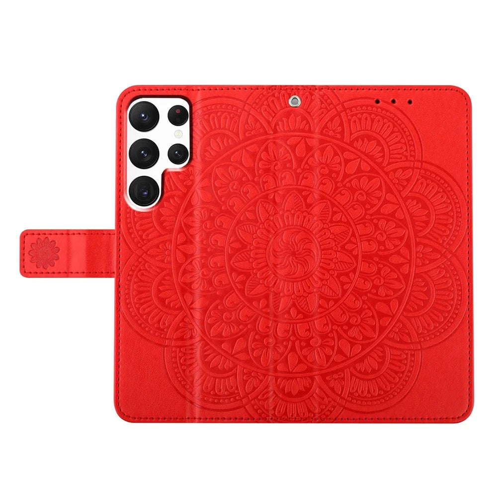 For Samsung Galaxy S25 Ultra Leather Case with Card Slots Mandala Pattern Phone Cover Stand - Red - 6