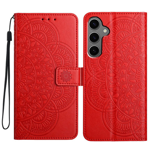 For Samsung Galaxy S25+ Leather Case with Card Slots Mandala Pattern Phone Cover Stand - Red - 1